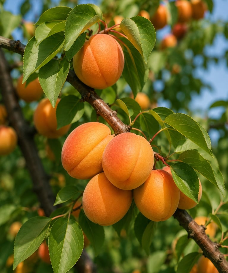 A cluster of ripe, orange apricots hanging from a leafy tree branch in a sunny orchard.