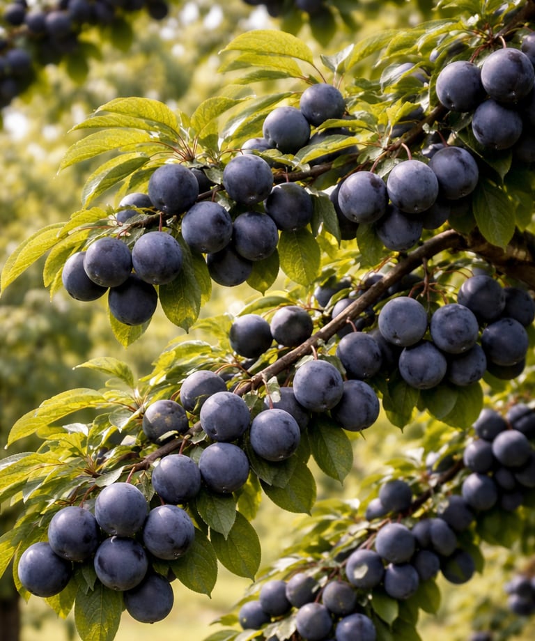 A cluster of ripe purple bullace plums hanging from a tree branch in a sunlit fruit orchard.