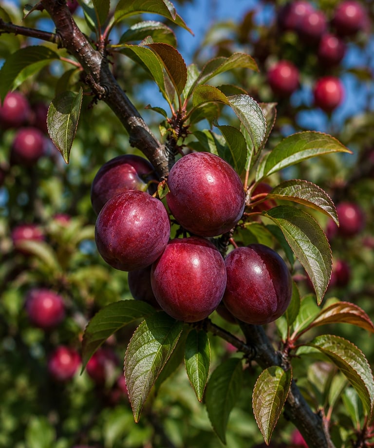 A cluster of red cherry plums hanging from a fruit tree branch with green leaves in a sunny orchard.