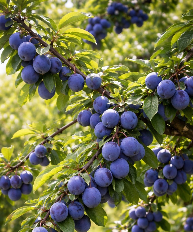 Ripe blue damson plums hanging from a leafy tree branch in a sunny orchard.