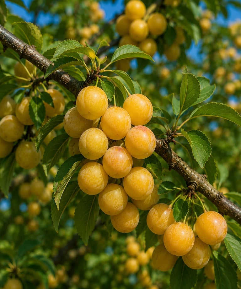 A cluster of ripe yellow mirabelle plums hanging from a fruit tree branch with green leaves.
