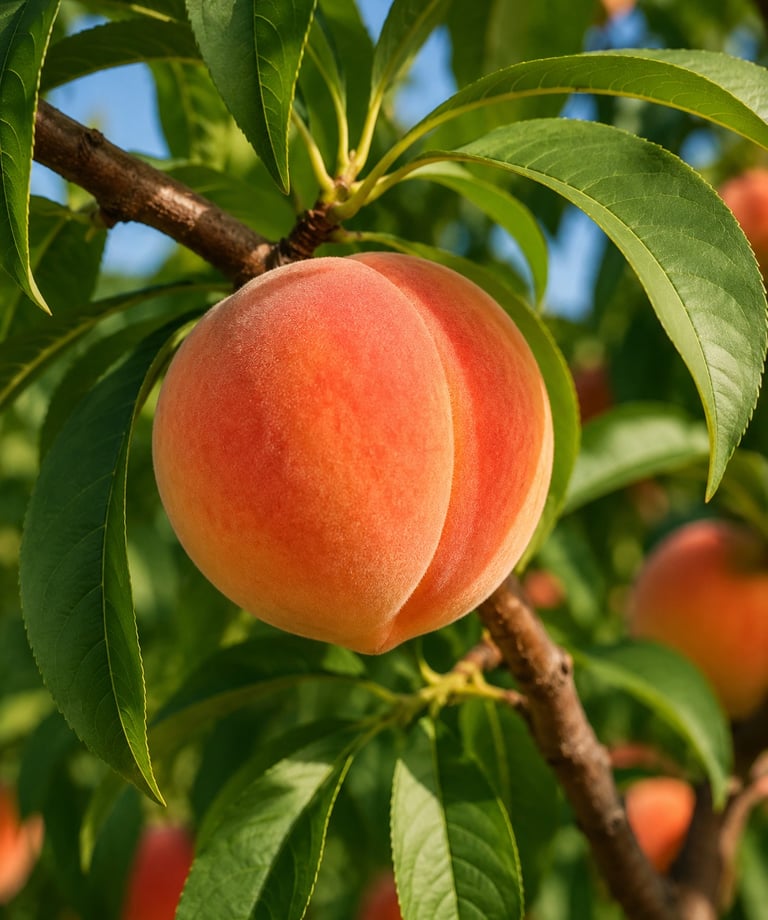A ripe, fuzzy peach hanging from a tree branch surrounded by green leaves in a sunny orchard.