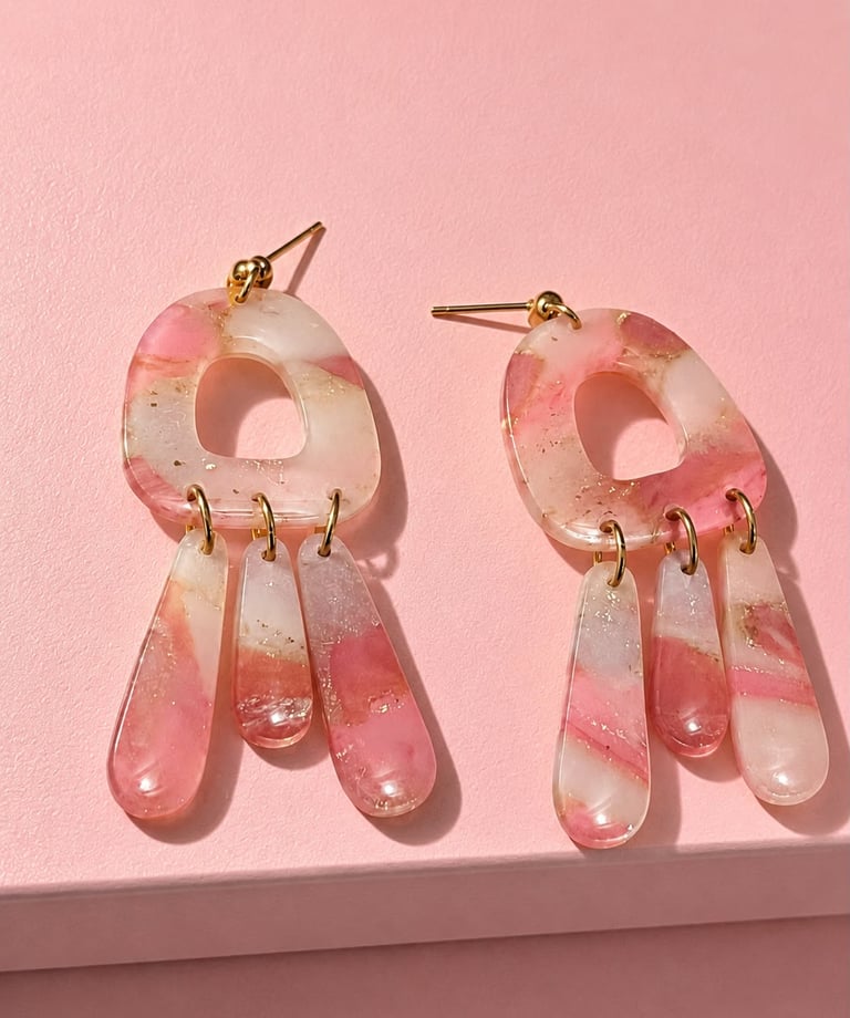 Pink and white marbled resin drop earrings with gold accents on a pink background.