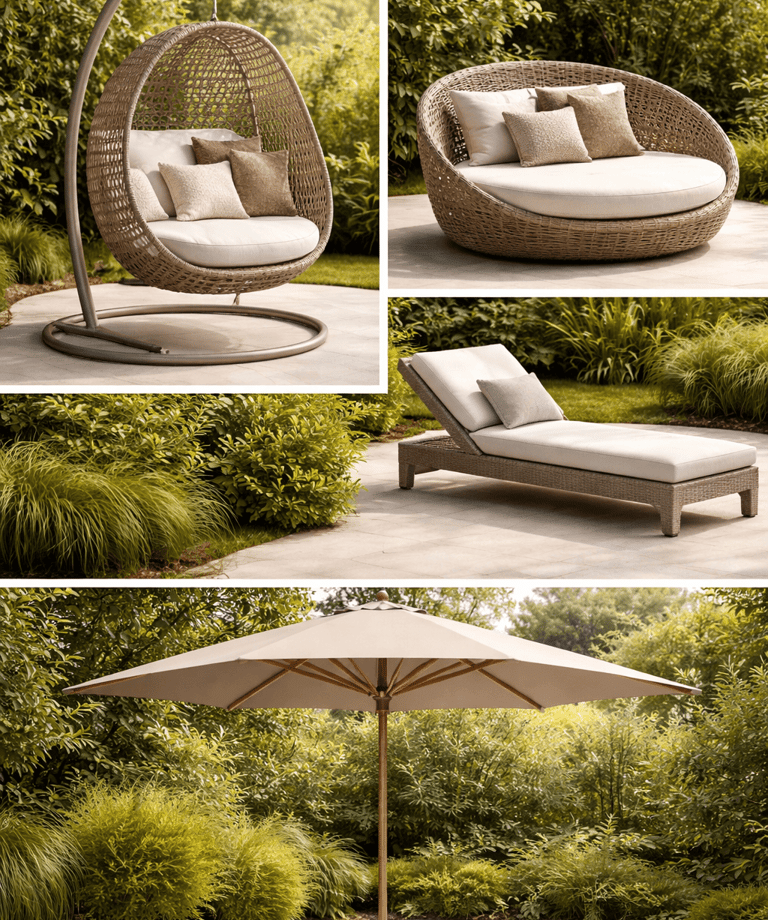 Área externa e lazer: balanços, espreguiçadeiras, conchas, ombrelones. Móveis externos sofisticados 