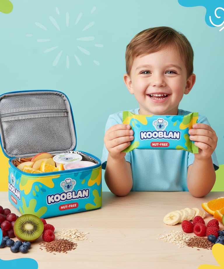 A happy child smiling while holding a Kooblan nut-free snack bar next to an open Kooblan-branded lun