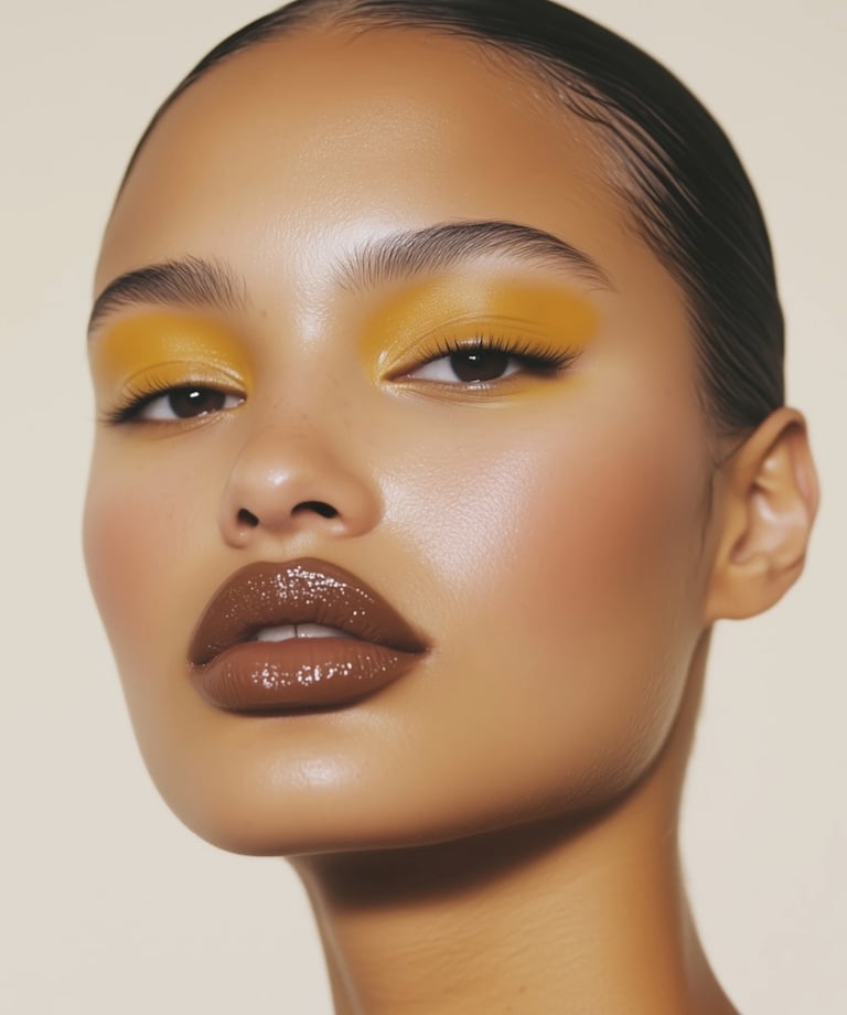 A woman with glowing skin wears vibrant yellow eyeshadow and glossy brown lipstick for a bold makeup look.