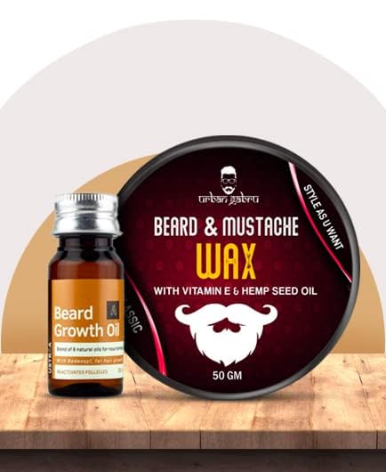 Urban Gabru beard growth oil and mustache wax with hemp seed oil for men's grooming.