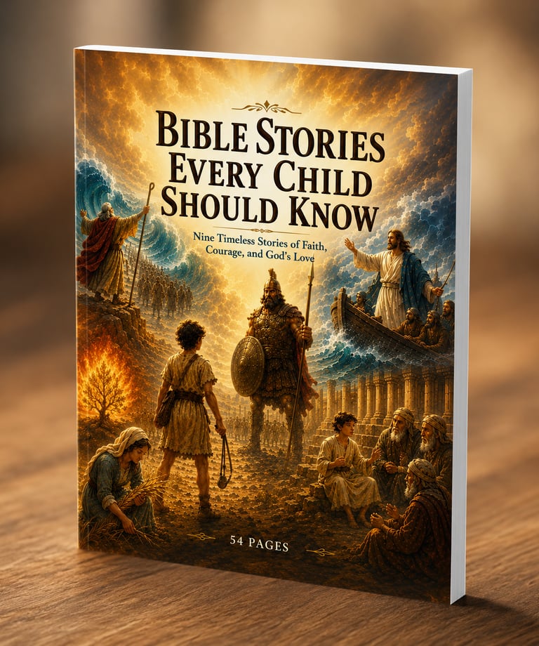 Bible Stories Every Child Should Know book cover featuring David and Goliath, Moses, and Jesus.