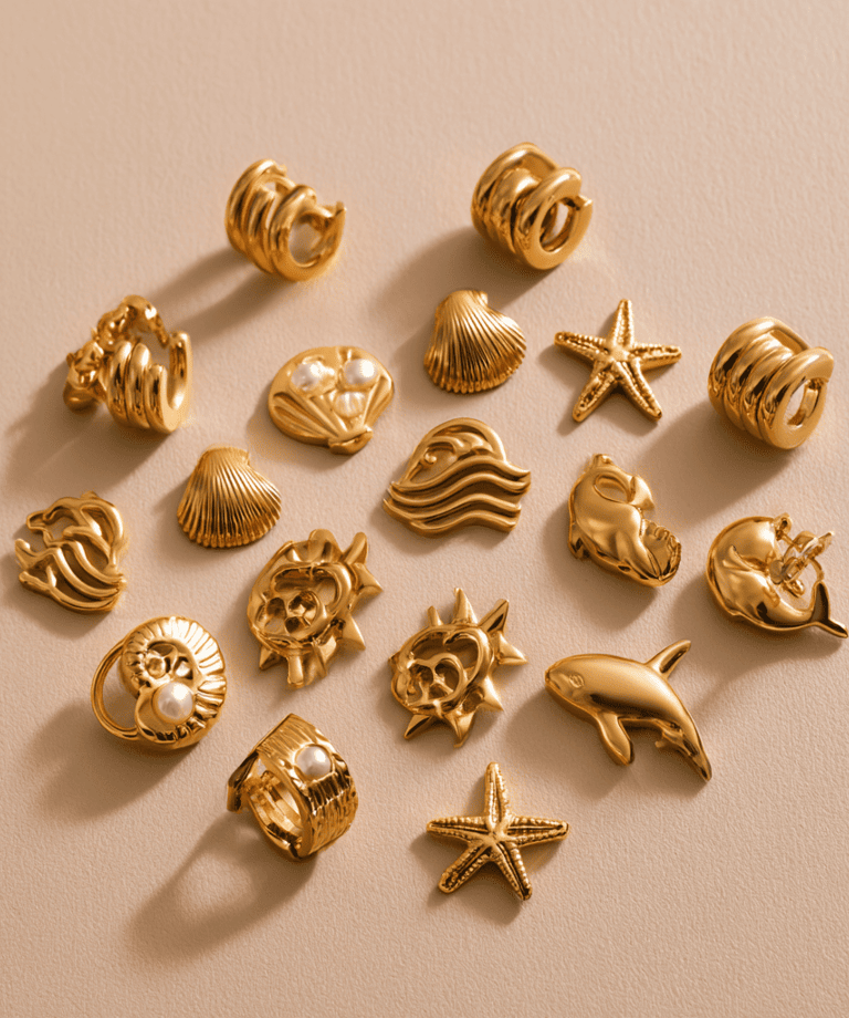 Colección de dijes y anillos dorados de acero inoxidable con formas marinas sobre fondo beige.