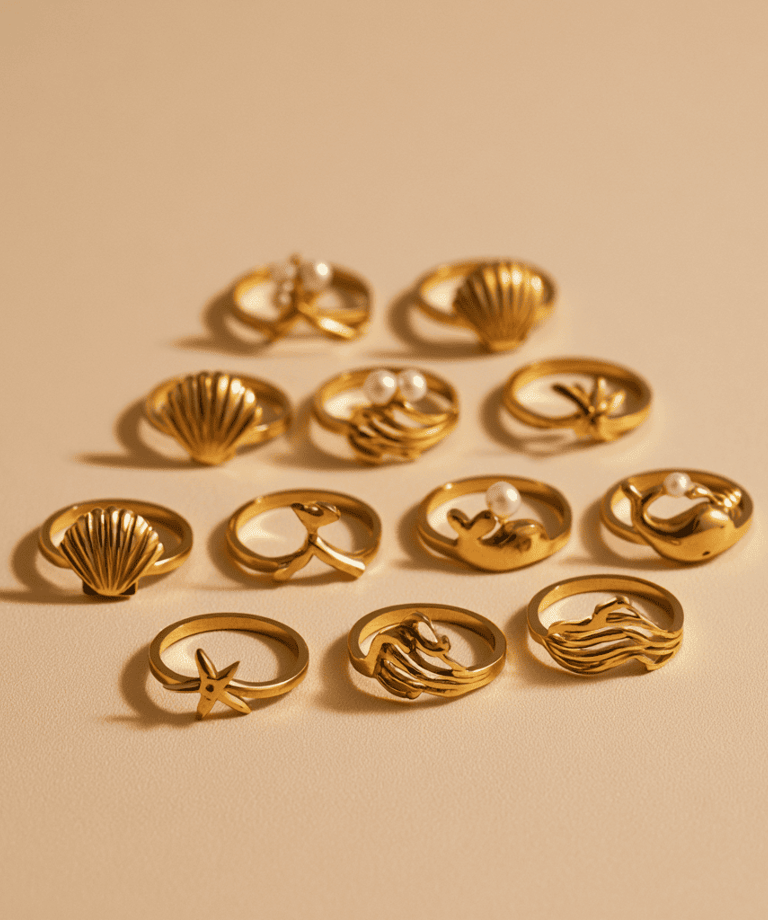 Colección de anillos dorados de acero inoxidable con diseños marinos de conchas, estrellas de mar y 