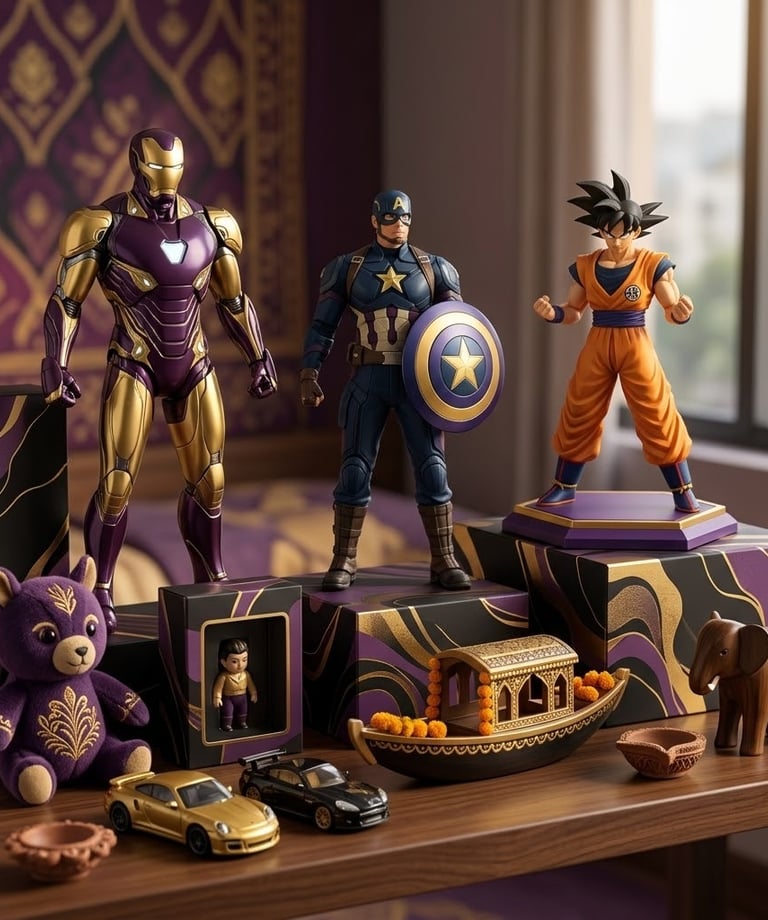 Action figures of Iron Man, Captain America, and Goku displayed with decorative Indian cultural toys.
