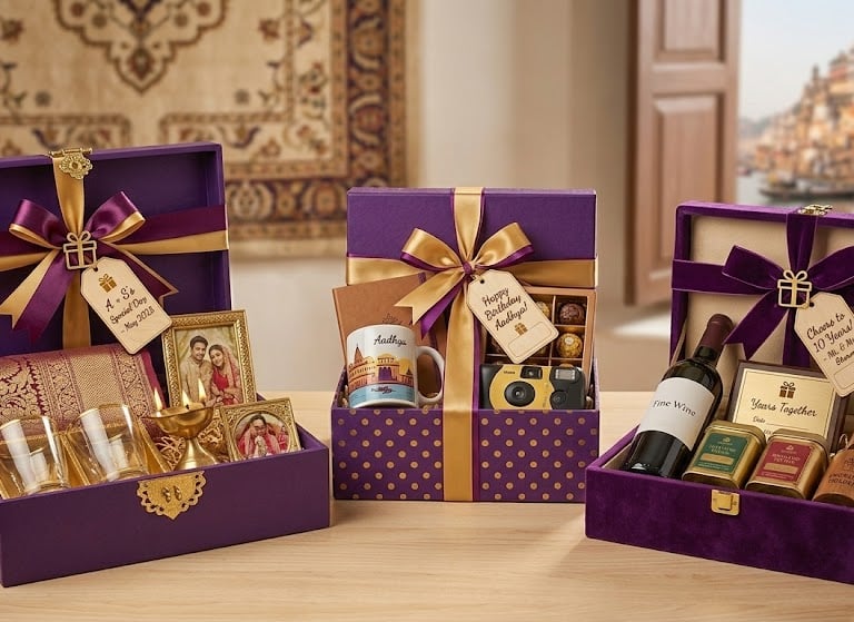 Luxury purple gift hampers with gold ribbons, personalized mugs, wine, and chocolates for special occasions.