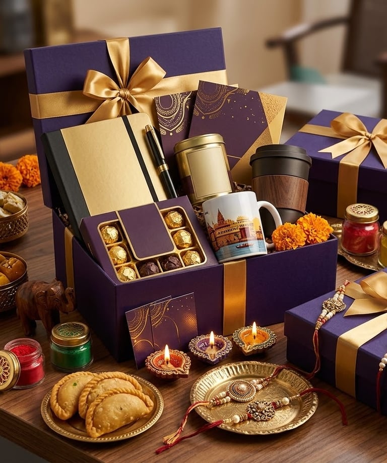 Luxury Diwali gift hampers with purple boxes, gold ribbons, sweets, diyas, and traditional Indian snacks.