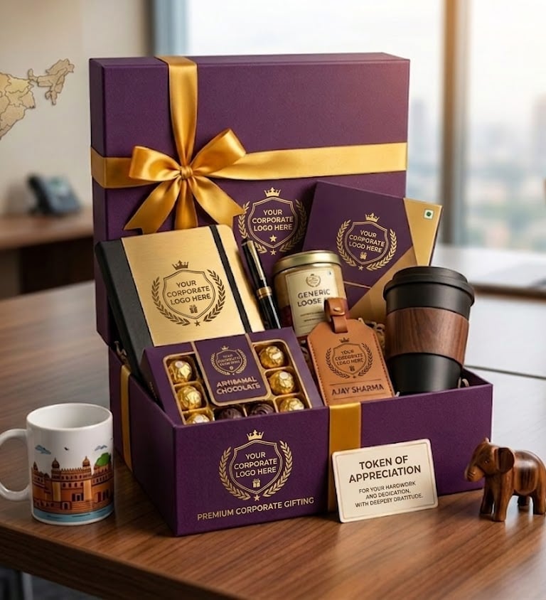 Luxury corporate gift box with gourmet chocolates, a notebook, and travel mug for employee appreciation.