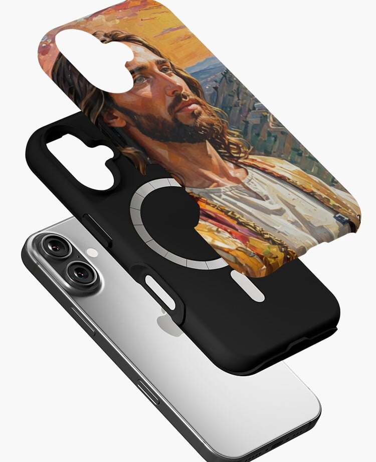 a phone case with a jesus face on it