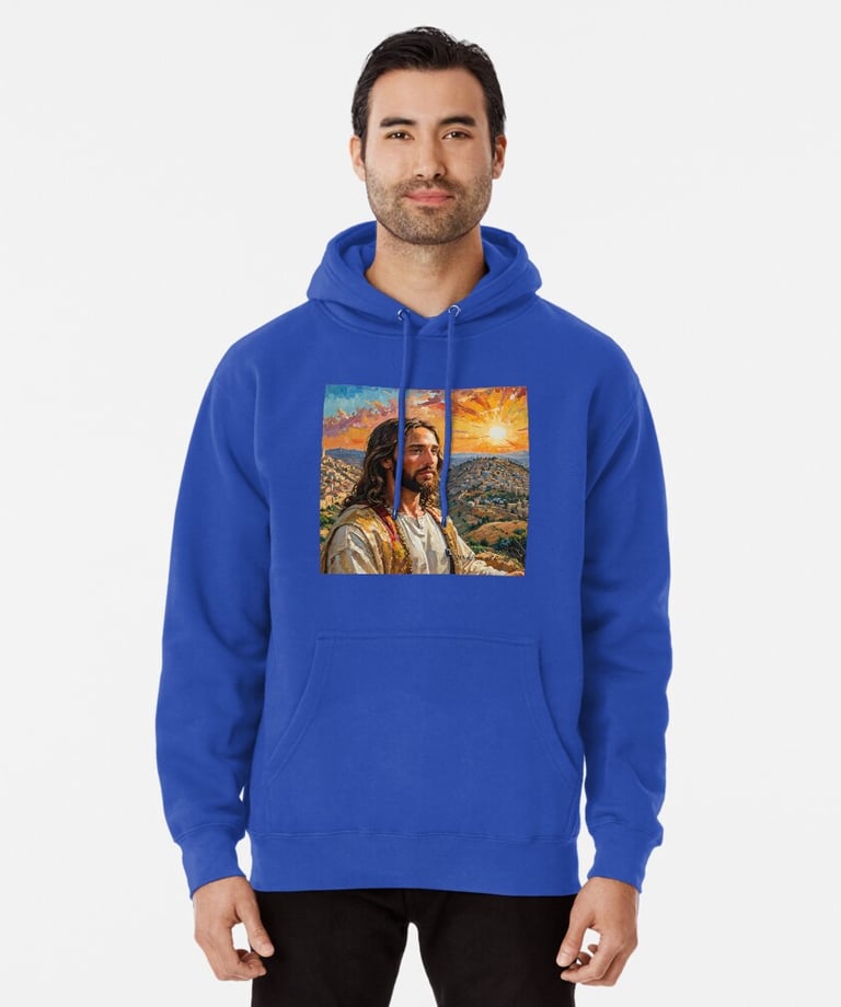 a man in a blue hoodie with a painting of jesus