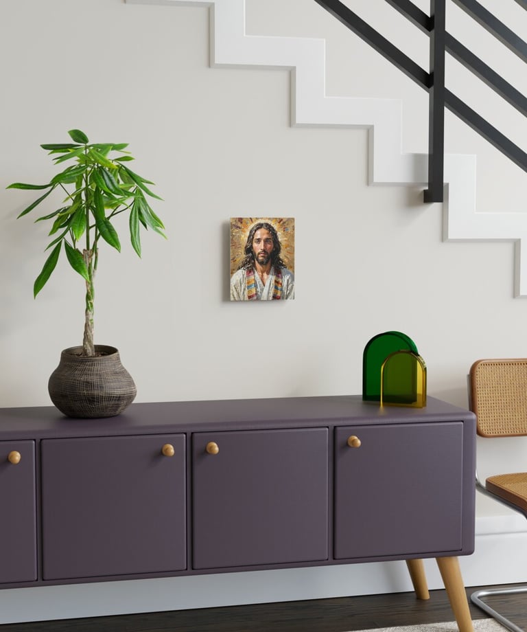 a table with a plant in a vase on a table