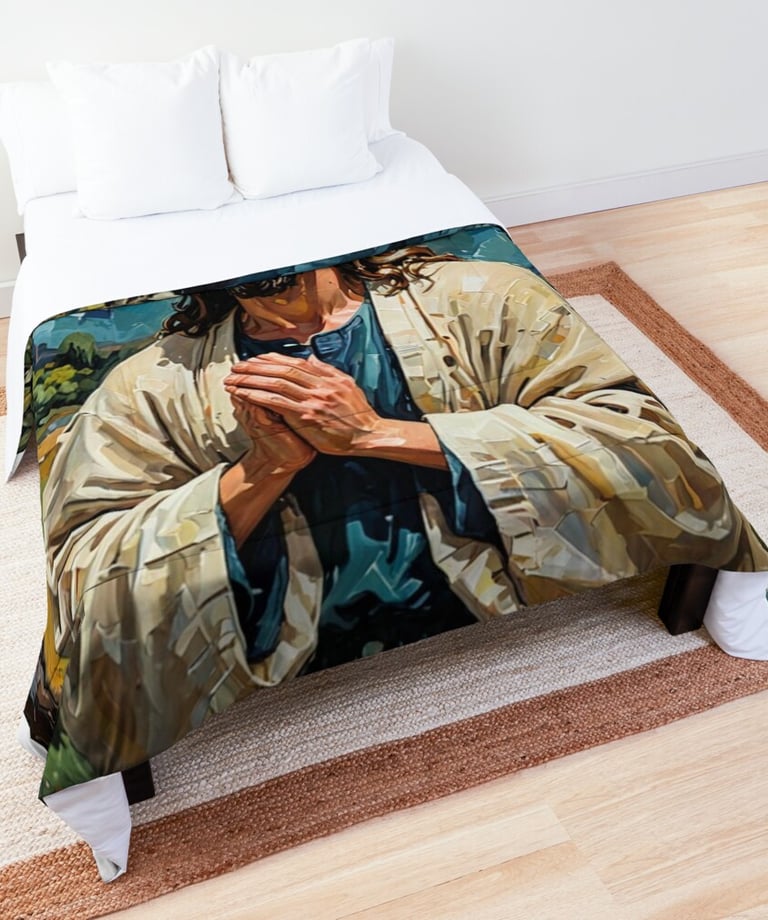 a bed with a man in a jacket and a hat