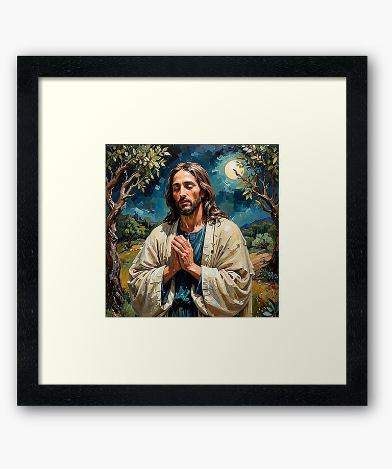 a painting of jesus holding a cross and praying