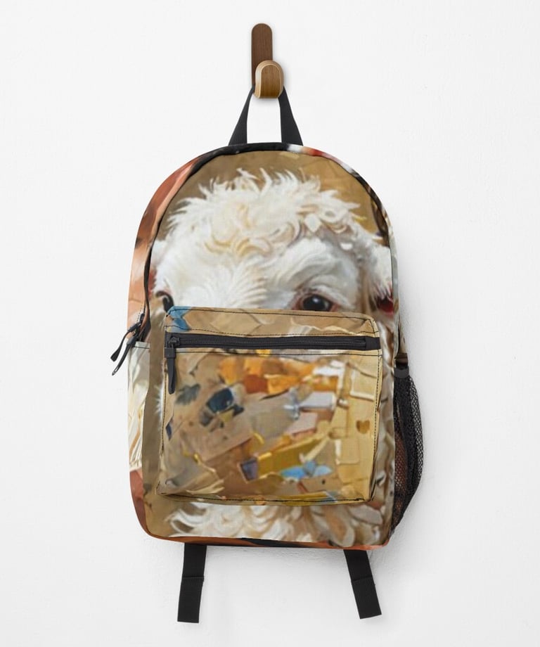 a dog is sitting on a backpacker bag