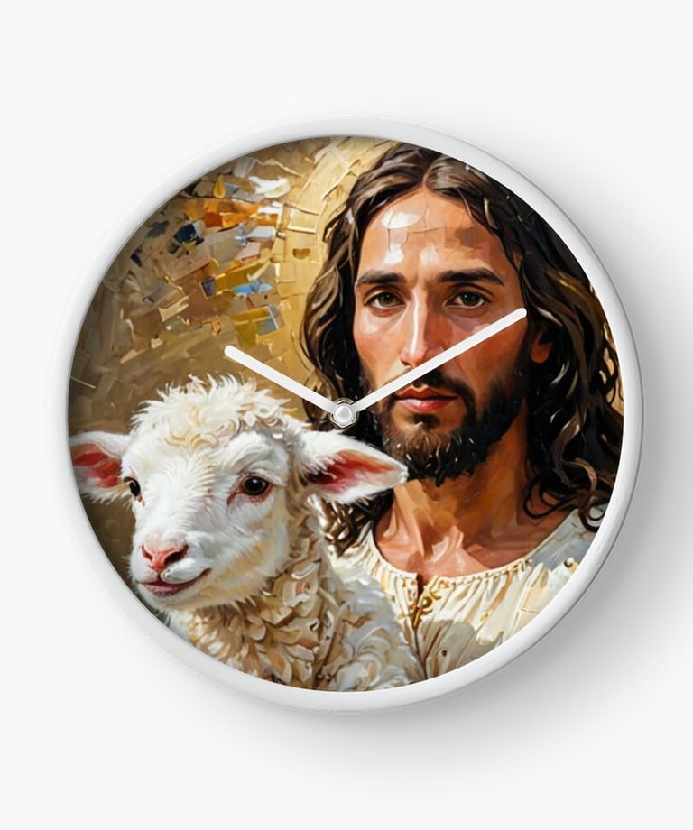 a clock with a picture of jesus holding a lamb