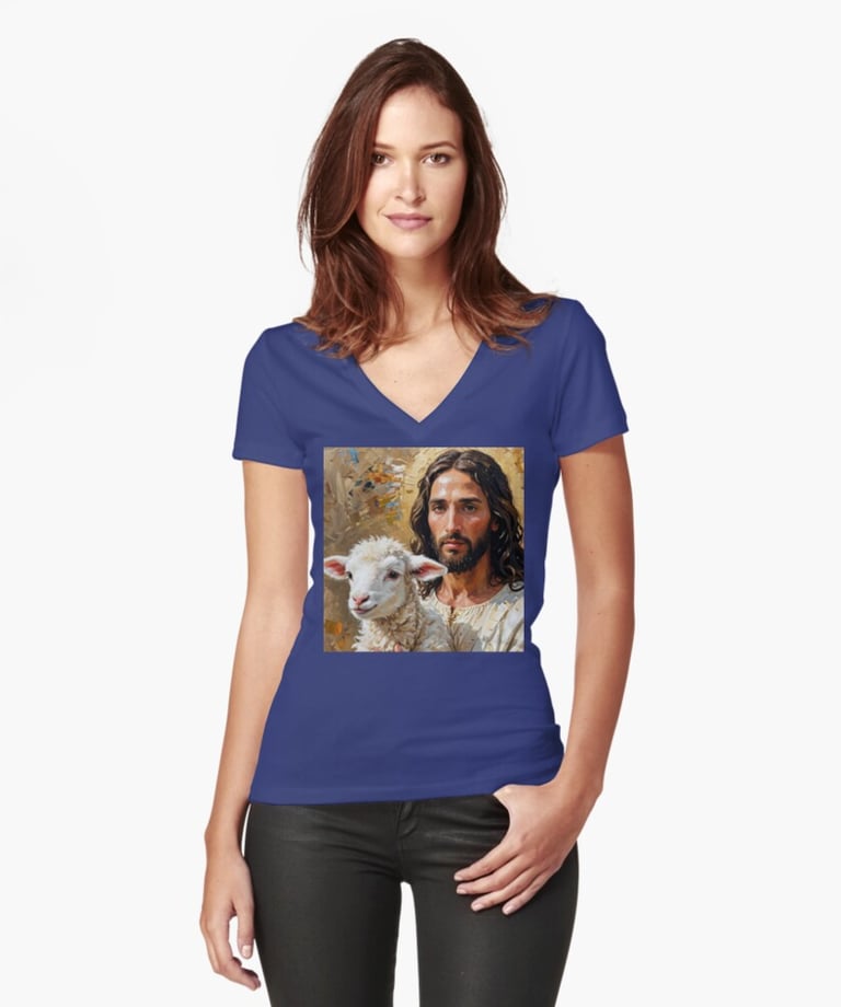 a woman with a sheep in a blue shirt