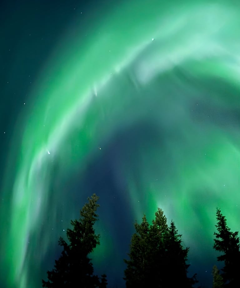 a green and purple sky with the Northern lights and beautiful auroras