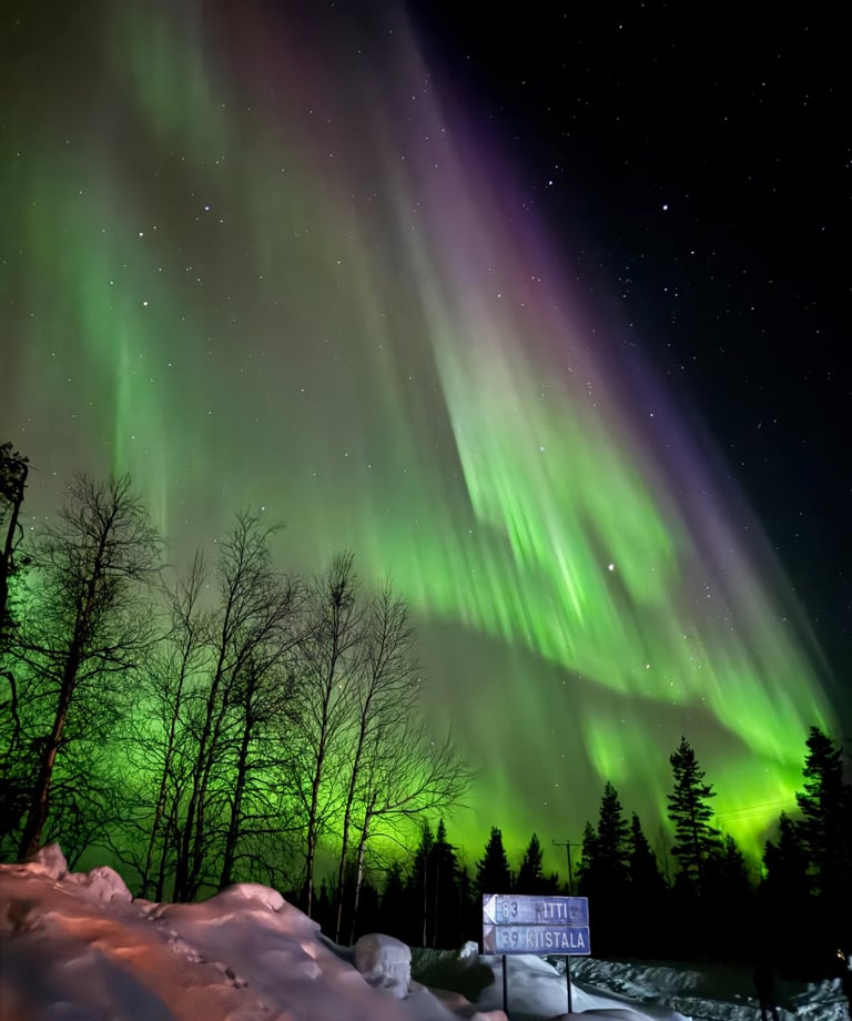 a green and purple sky with the Northern lights and beautiful auroras