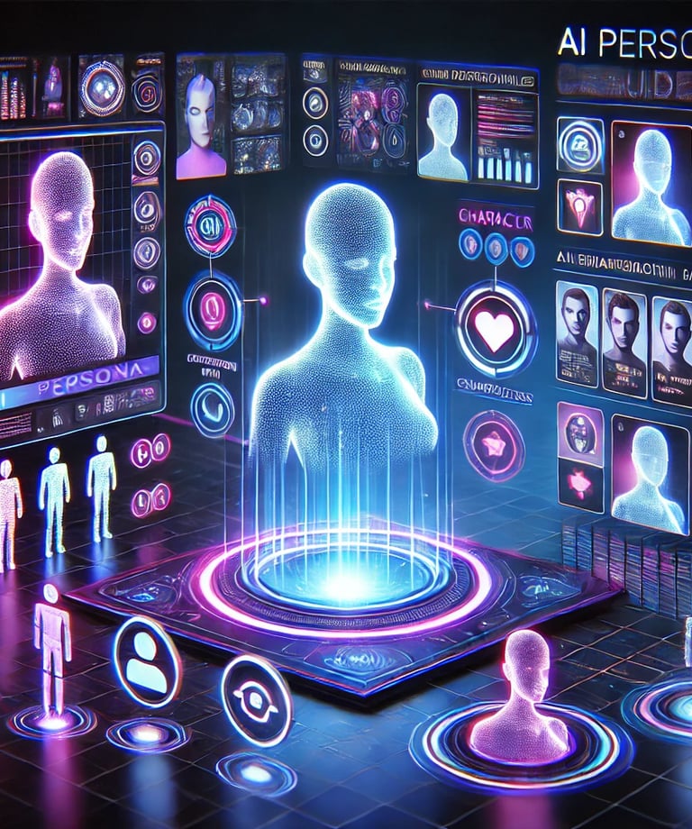Futuristic interface showcasing AI character creation with glowing icons and profiles from the AI Persona Playbook.