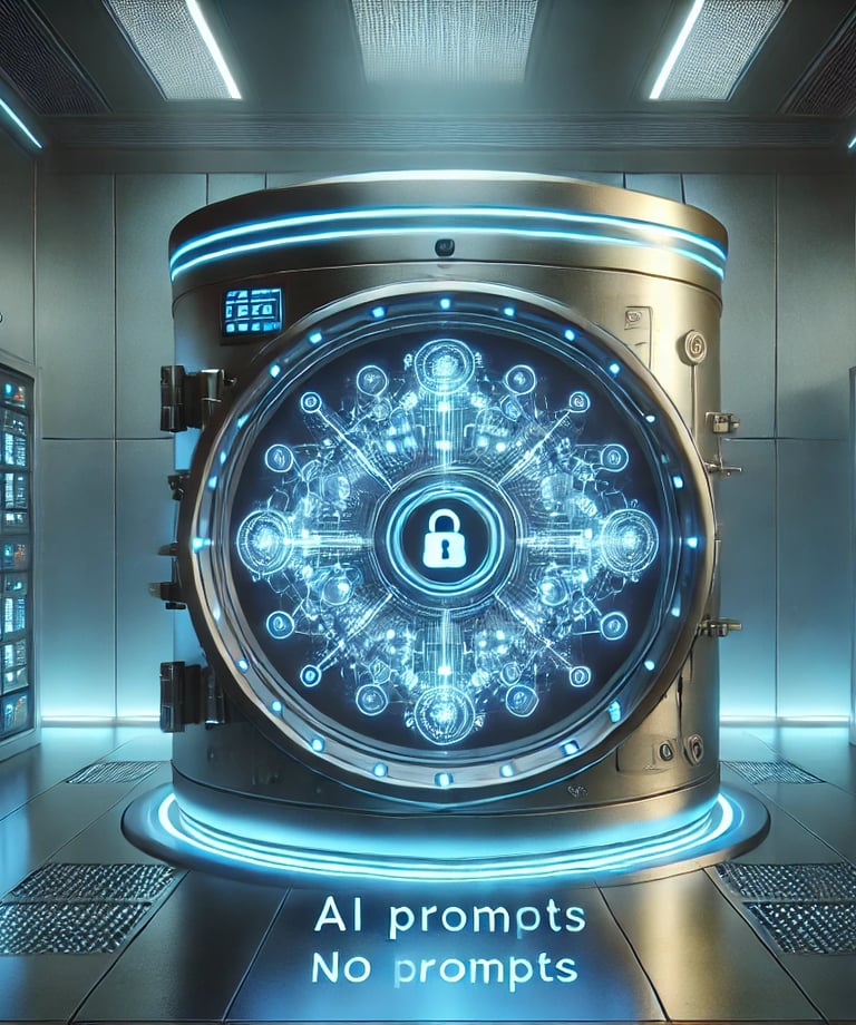 Futuristic high-tech vault with glowing AI-generated prompts, secured by a digital interface and neon blue keypad.