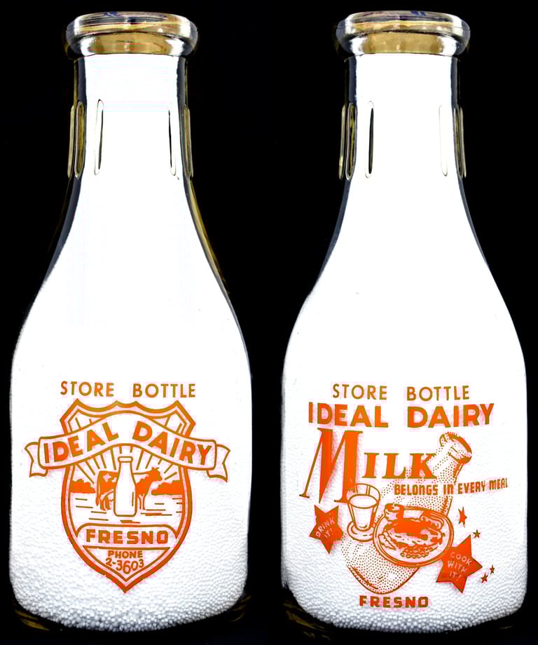 Ideal Dairy California milk bottle from Fresno California for sale.  Milk bottles for sale.