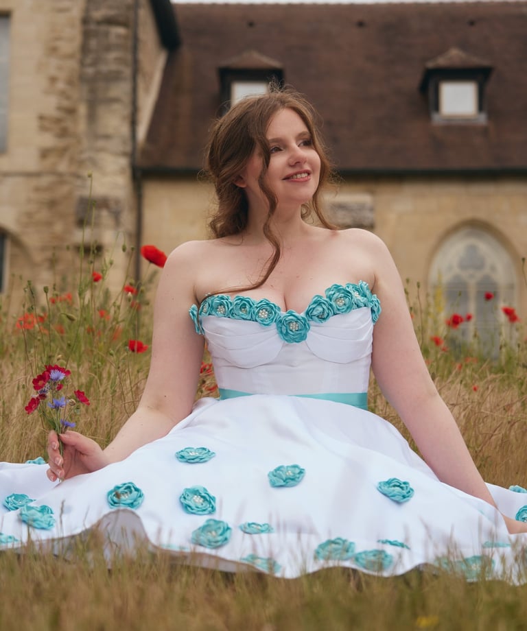 robe de mariée courte fleur bleues corset création sur mesure entre gisors et cergy