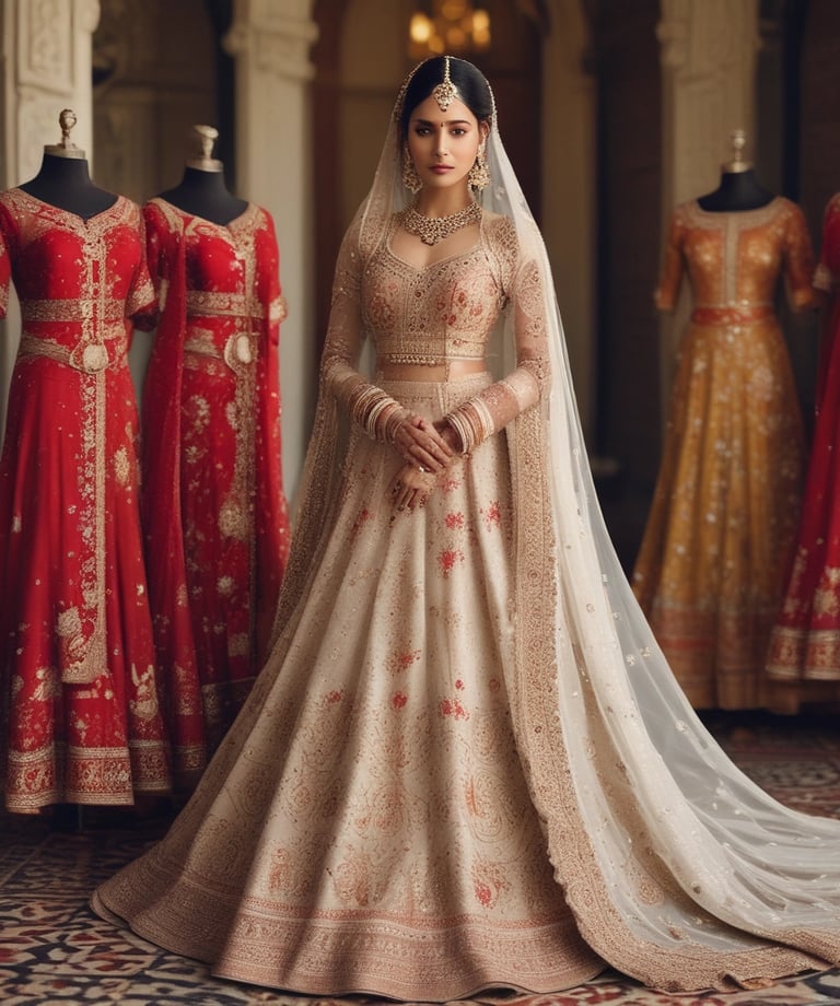 a bride in a wedding dress, in backgroud showing bridal lehnghe 