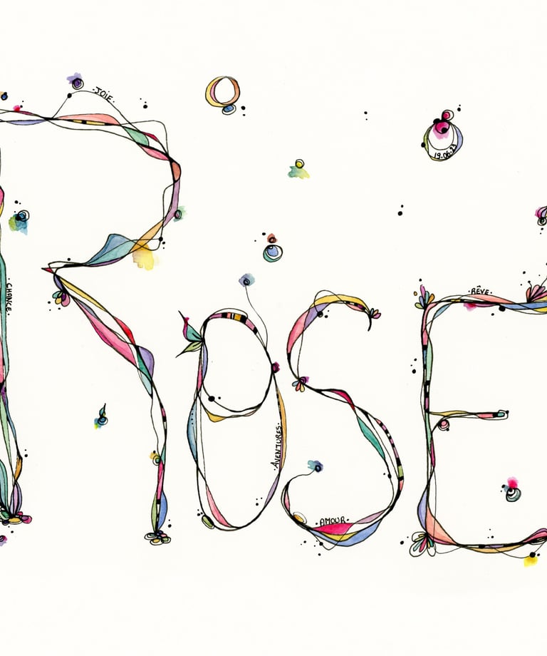 Illustration du prénom Rose à l'encre et l'aquarelle par Eva Girardeau 