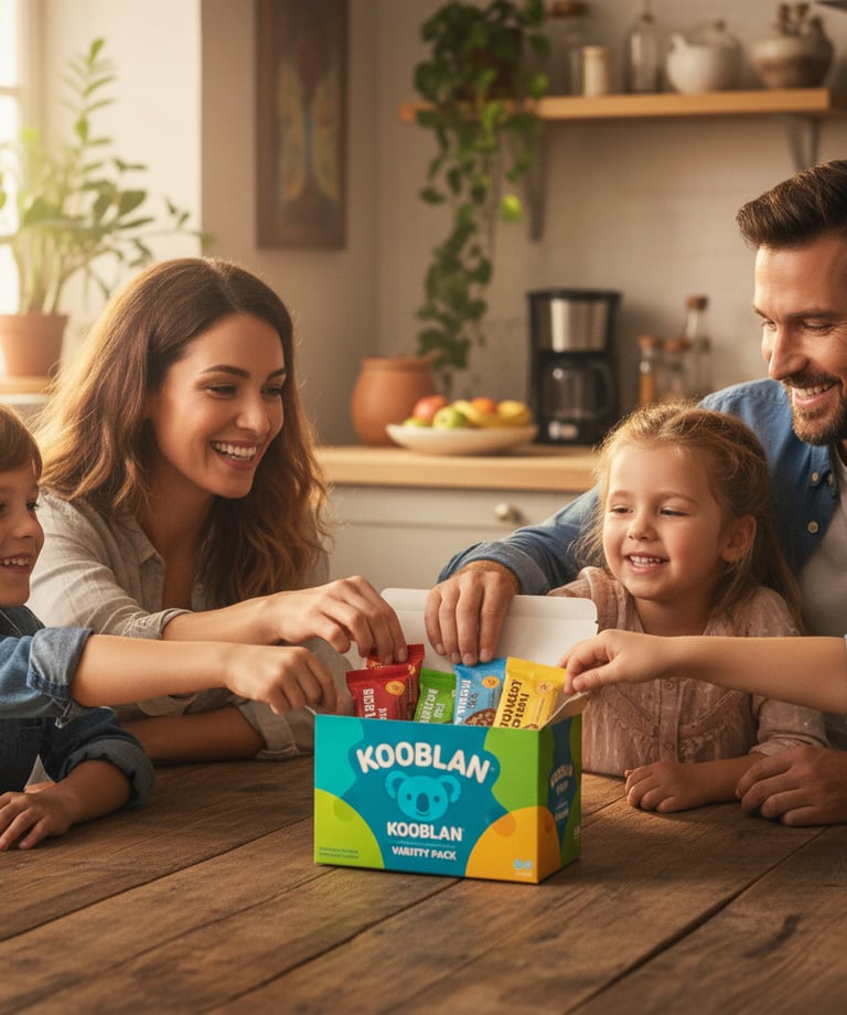 A smiling family gathered around a kitchen table sharing an open variety box of Kooblan snack bars, 