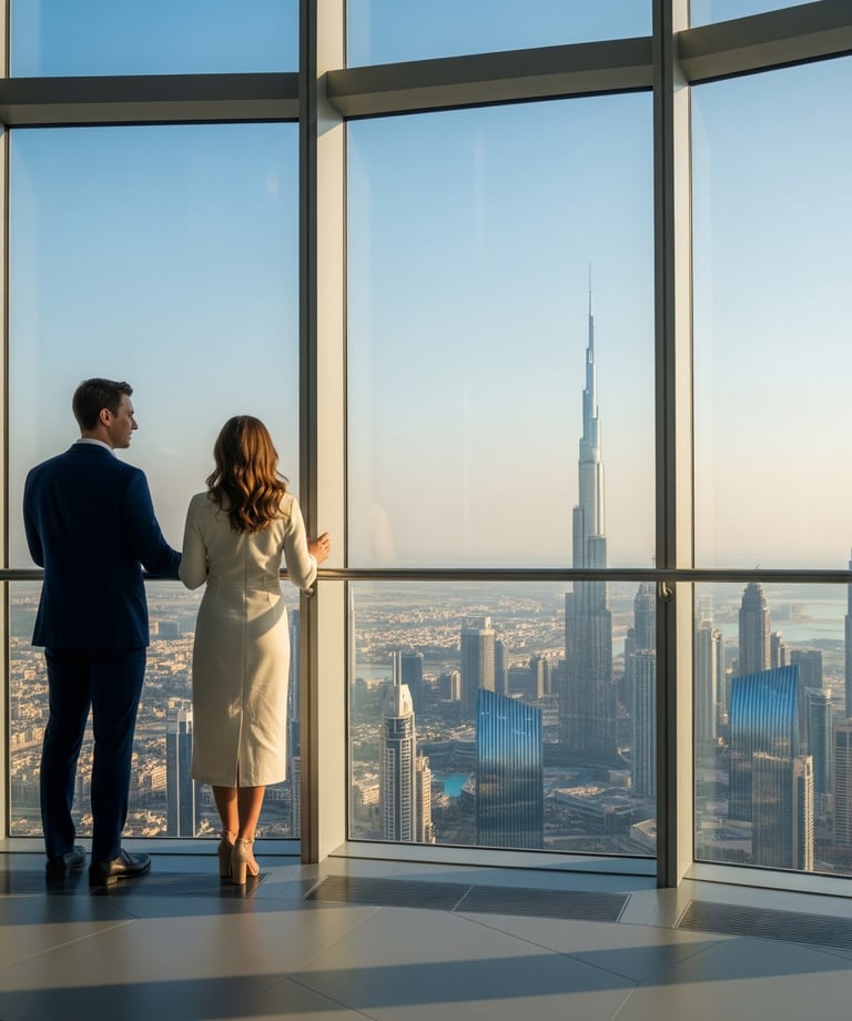 a man and woman standing in front of a large window