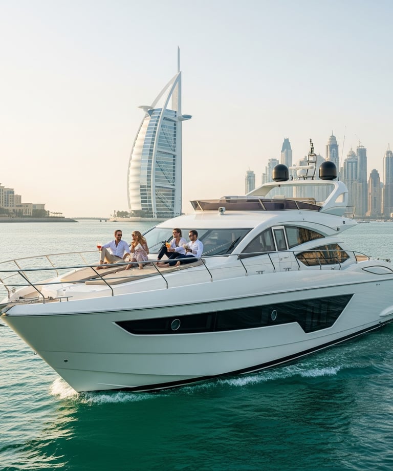 a yacht with people on it in Dubai Marina