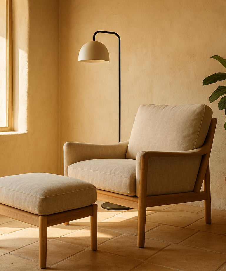 Sillón tapizado con reposapiés en rincón de lectura mediterráneo con planta decorativa y lámpara de 