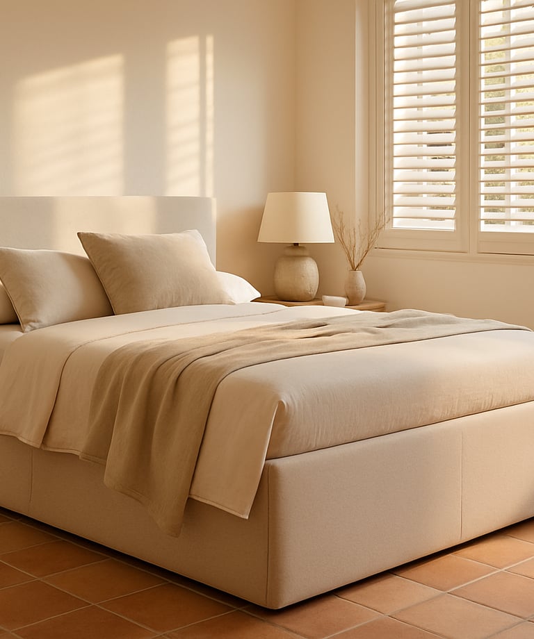 Cama con canapé abatible y ropa de cama beige en dormitorio mediterráneo con ventanas y luz suave.