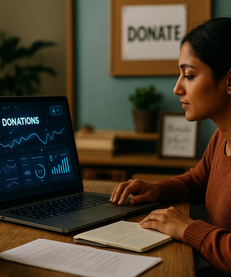a woman is sitting at a desk with a laptop and a donation