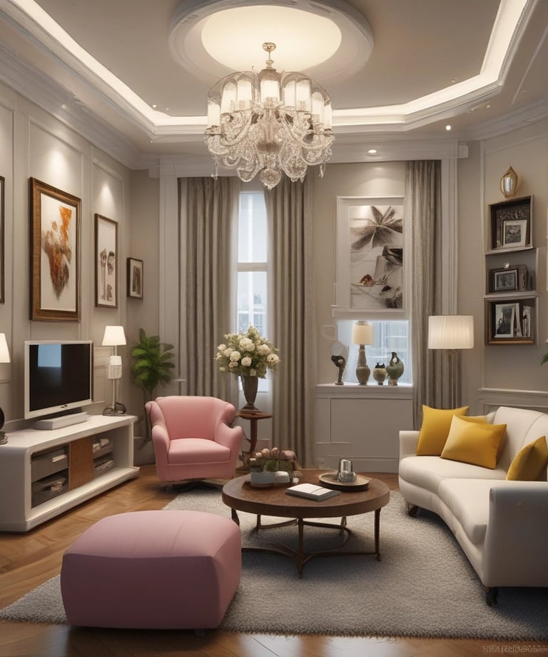 a living room with a chandelier and a chandelier