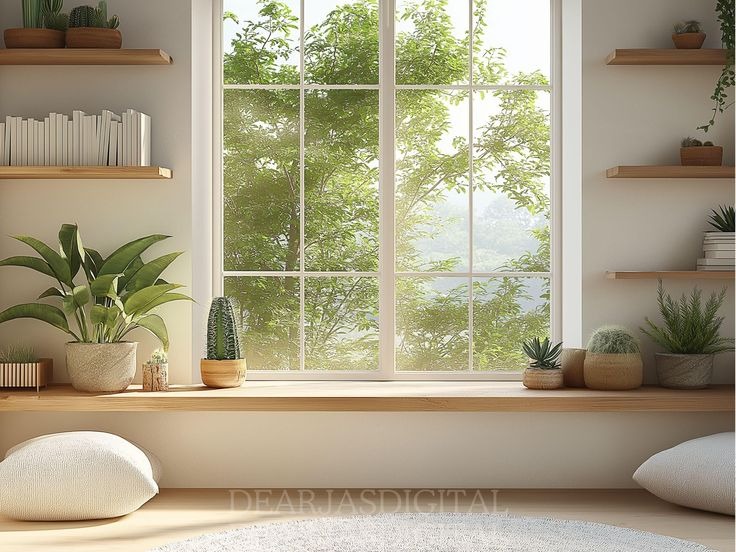 Fenêtre propre avec vue jardin et plantes vertes - nettoyage vitres surfaces Paris professionnel