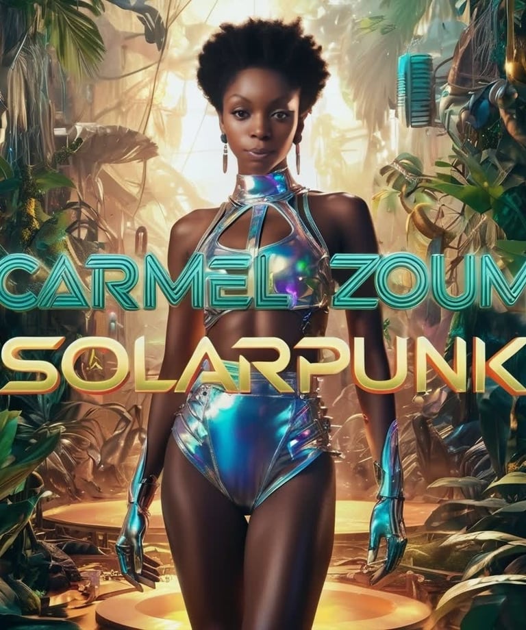 carmel zoum music solarpunk a woman in a bikinisuit with a futuristic bodysuit