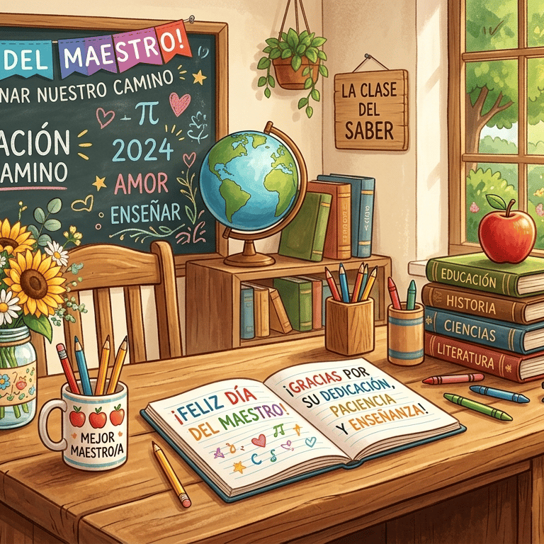 Spanish Teacher's Day classroom with chalkboard, books, and flowers celebrating Feliz Día del Maestro.
