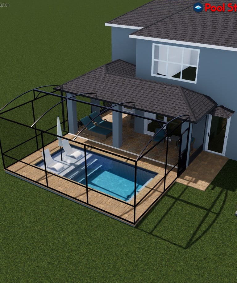 3D design of a modern backyard swimming pool with a black screened-in enclosure and sun shelf.