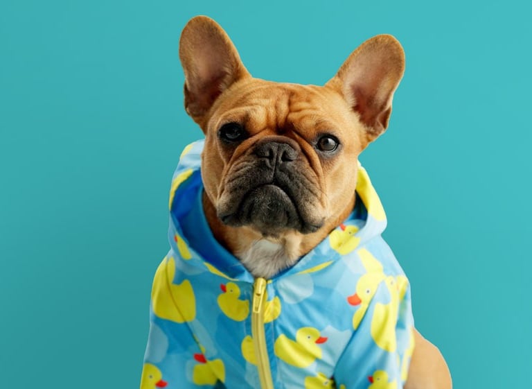 Un bulldog francés marrón con un impermeable azul de patito de goma sobre un fondo turquesa.