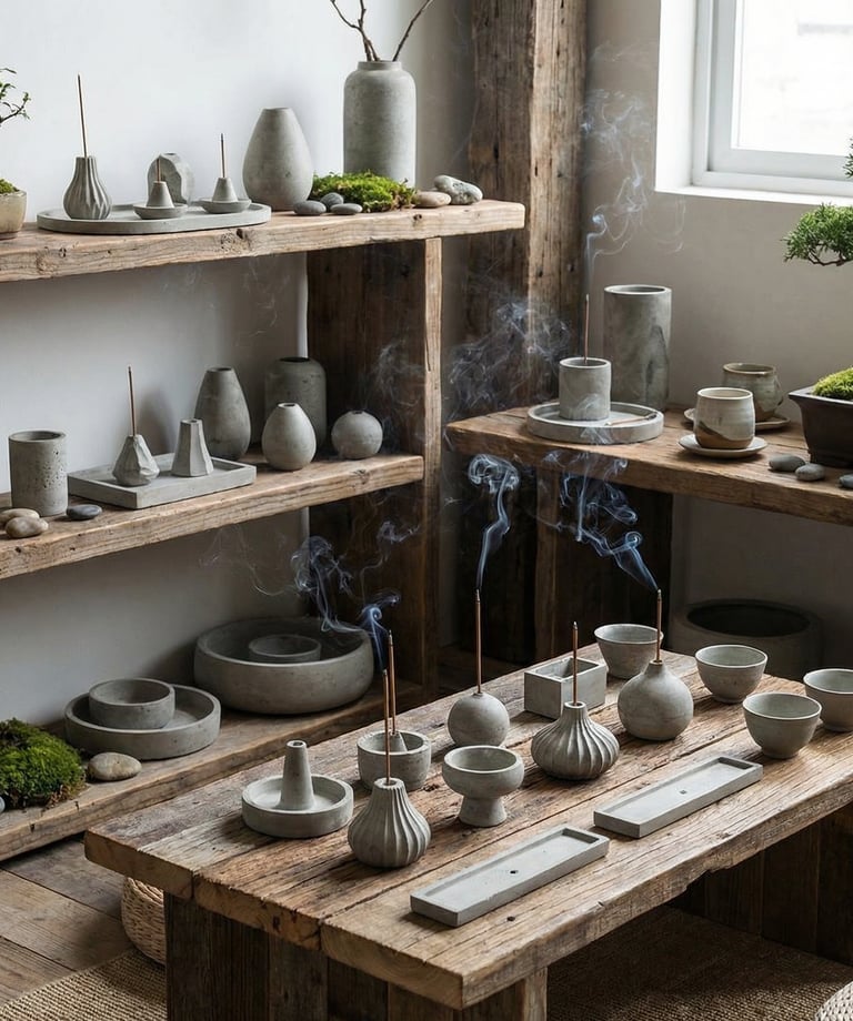 A decorative shelf display with vases, a palo santo holder, a pillar candle holder, arranged as cohesive home decor.