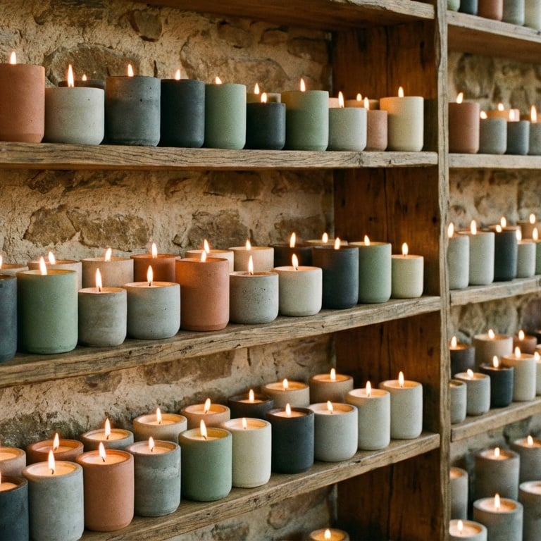 A cozy shelf display of handmade jar candles in a rustic workshop setting.