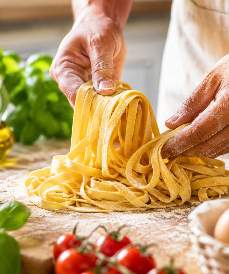 Chef making fresh homemade pasta noodles by hand on a wooden table with flour, eggs, and basil.