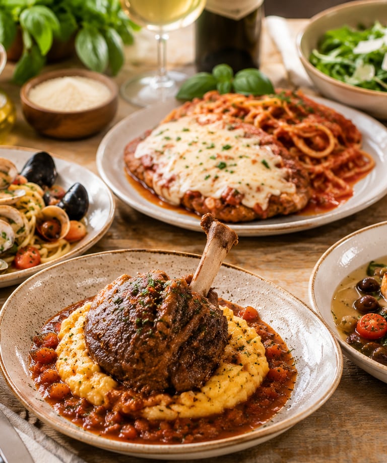 A gourmet Italian dinner spread featuring lamb shank, chicken parmesan, salmon, and seafood pasta.